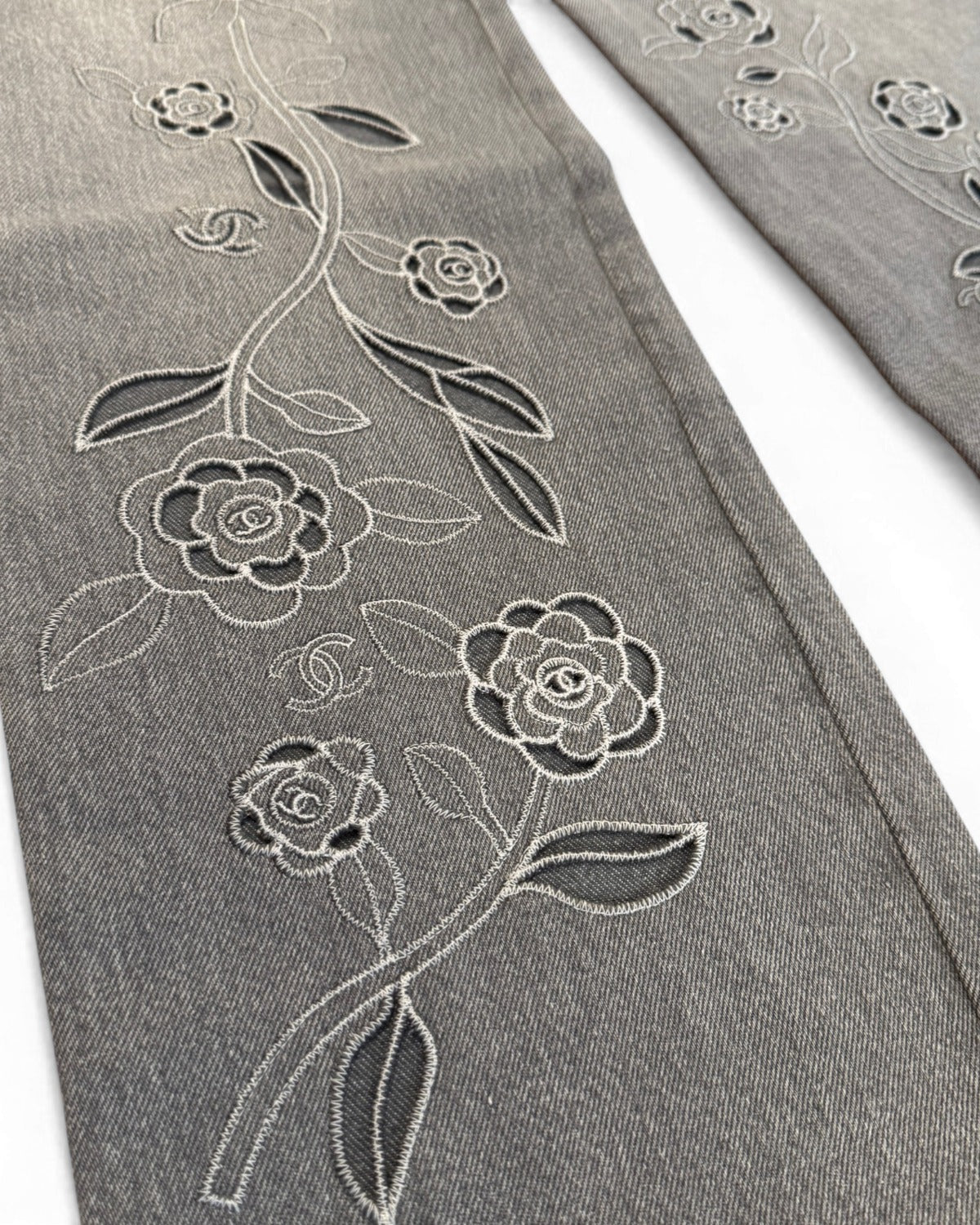 Chanel SS24 Embroidered Floral Cut Out Flared Grey Denim Sample