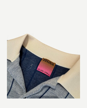 Ākaibu Store blue and grey striped cashmere knit polo shirt with a cream collar and Zegna label.