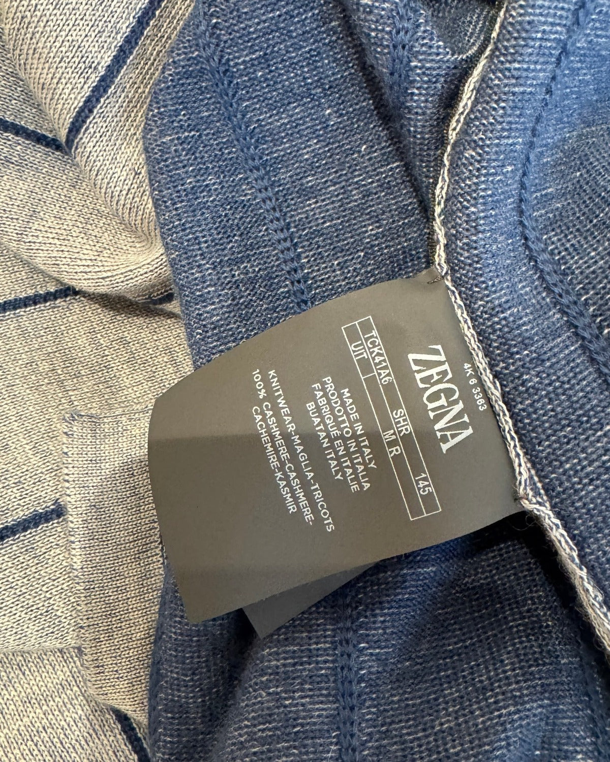 Ākaibu Store blue and grey striped 100% cashmere knit shirt with Zegna label.