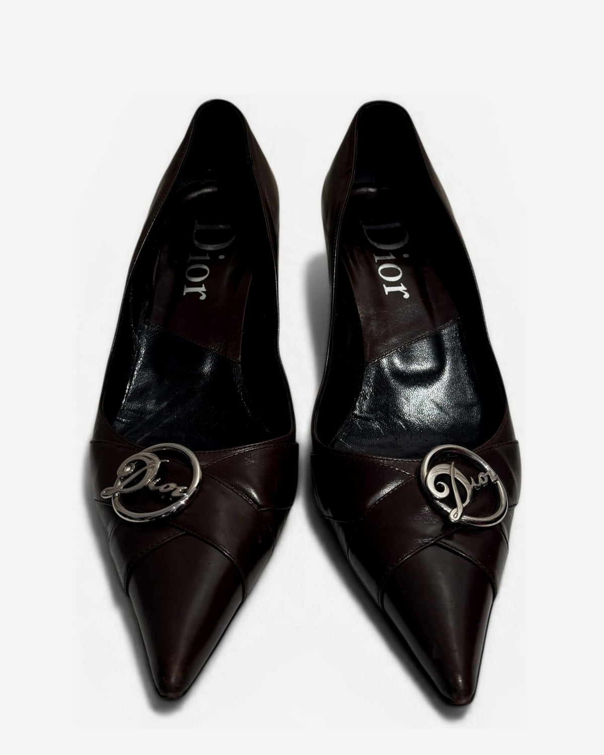 Christian Dior by John Galliano 2002 Metal Logo Chocolate Heels