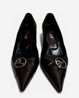 Christian Dior by John Galliano 2002 Metal Logo Chocolate Heels