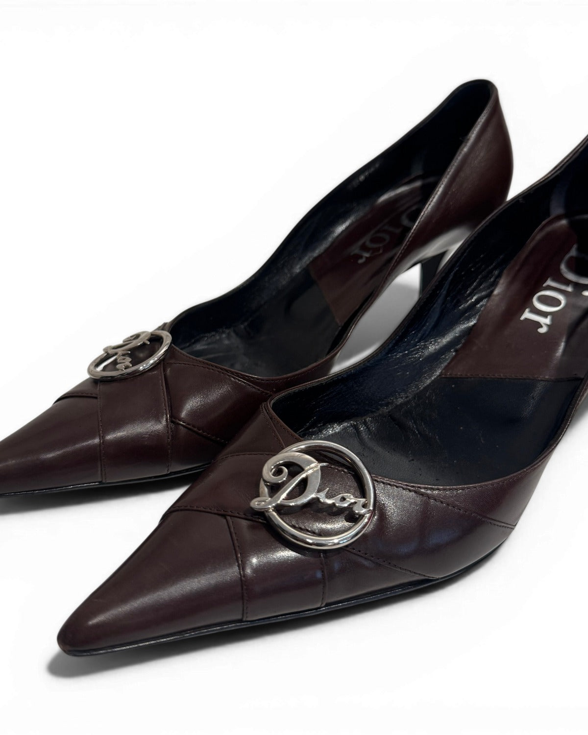 Christian Dior by John Galliano 2002 Metal Logo Chocolate Heels