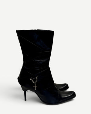 El Dantes 2000s Black Leather Chained Cross Piercing Boots