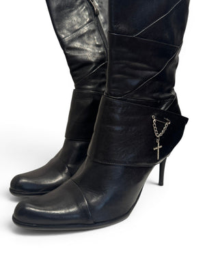 El Dantes 2000s Black Leather Chained Cross Piercing Boots