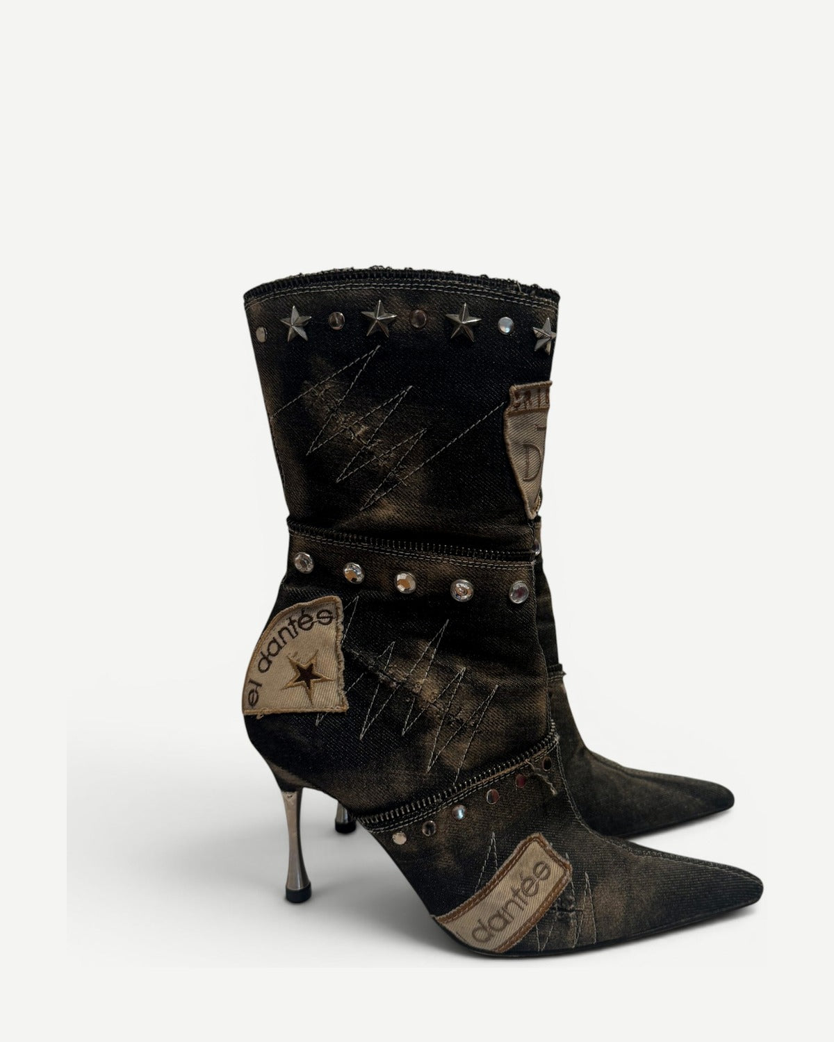 El Dantes 2000s Patched Studded Denim Heeled Boots