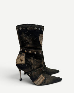 El Dantes 2000s Patched Studded Denim Heeled Boots