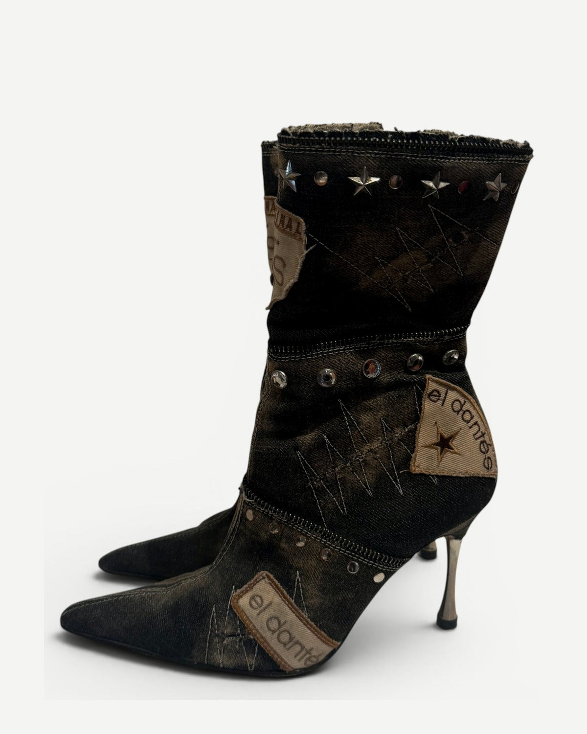 El Dantes 2000s Patched Studded Denim Heeled Boots