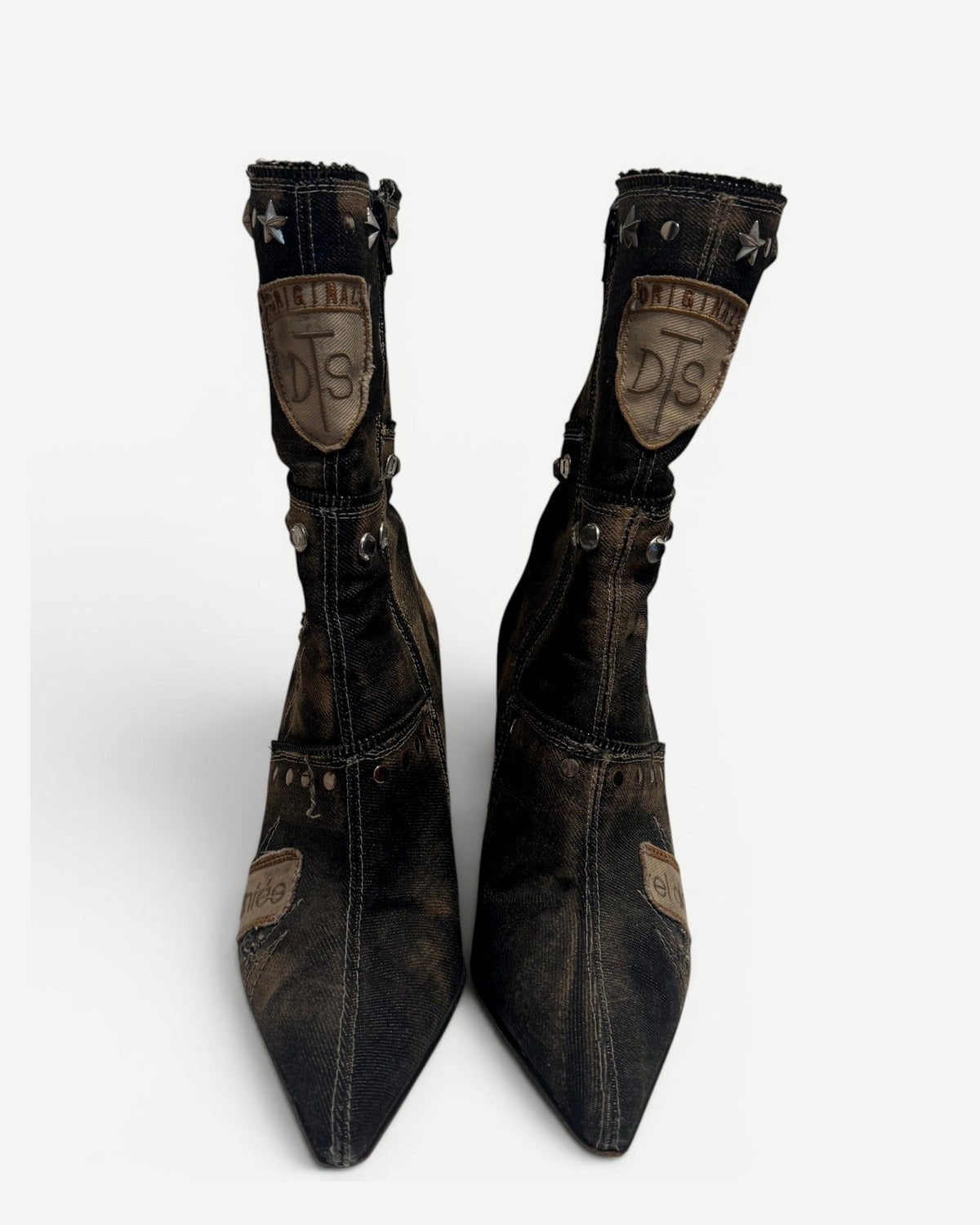 El Dantes 2000s Patched Studded Denim Heeled Boots