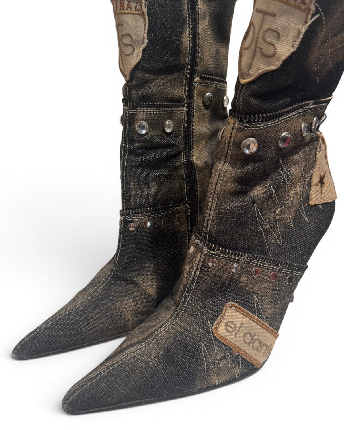 El Dantes 2000s Patched Studded Denim Heeled Boots