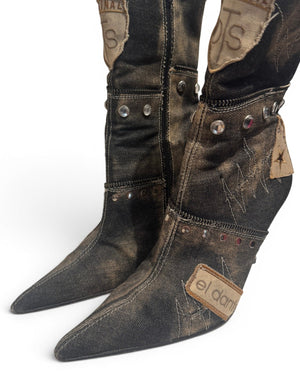 El Dantes 2000s Patched Studded Denim Heeled Boots