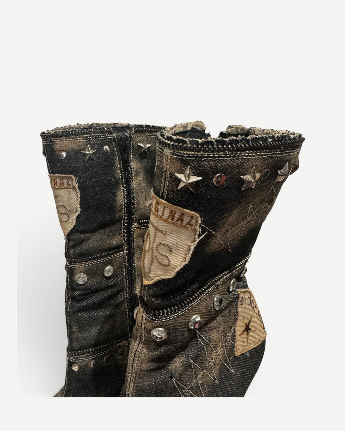 El Dantes 2000s Patched Studded Denim Heeled Boots