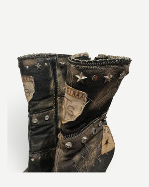 El Dantes 2000s Patched Studded Denim Heeled Boots
