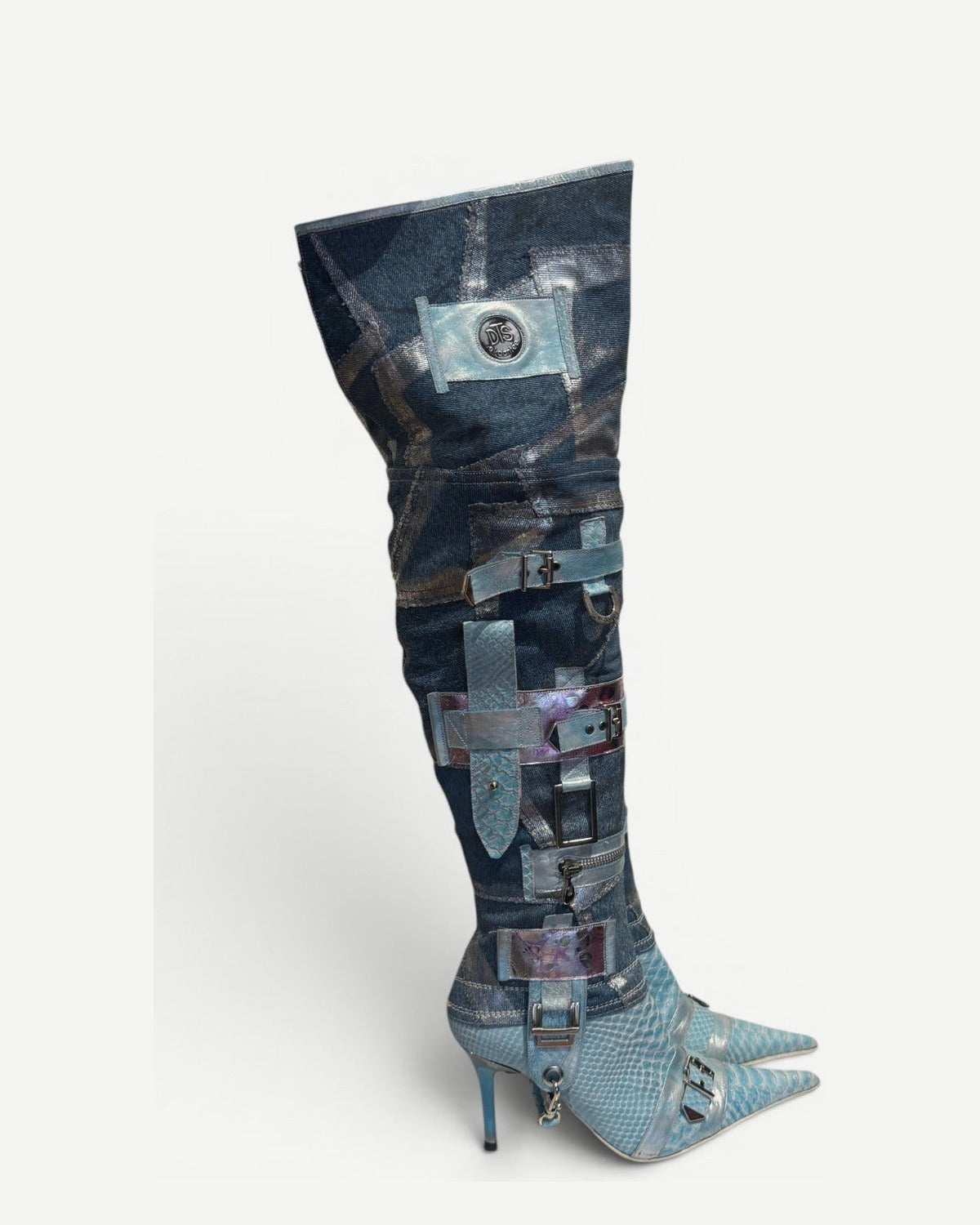 El Dantes 2000s Python Leather Metallic Denim Strapped Overknee Boots