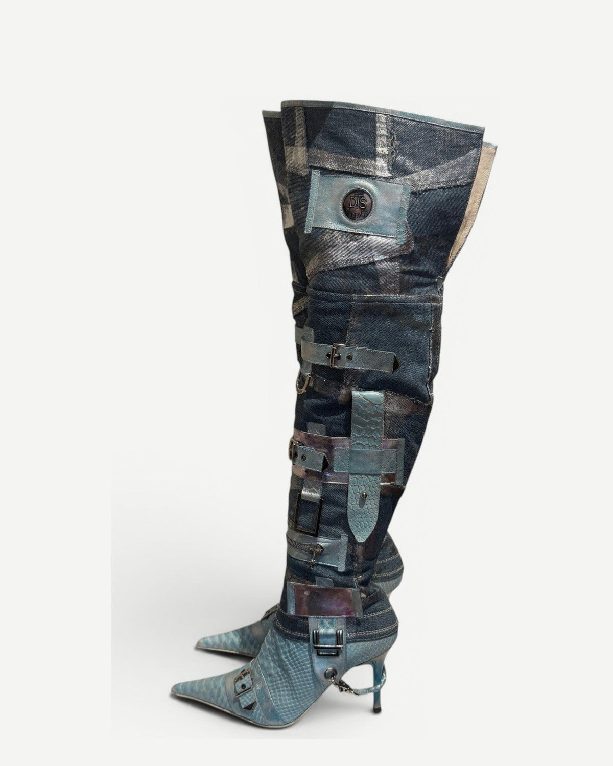 El Dantes 2000s Python Leather Metallic Denim Strapped Overknee Boots