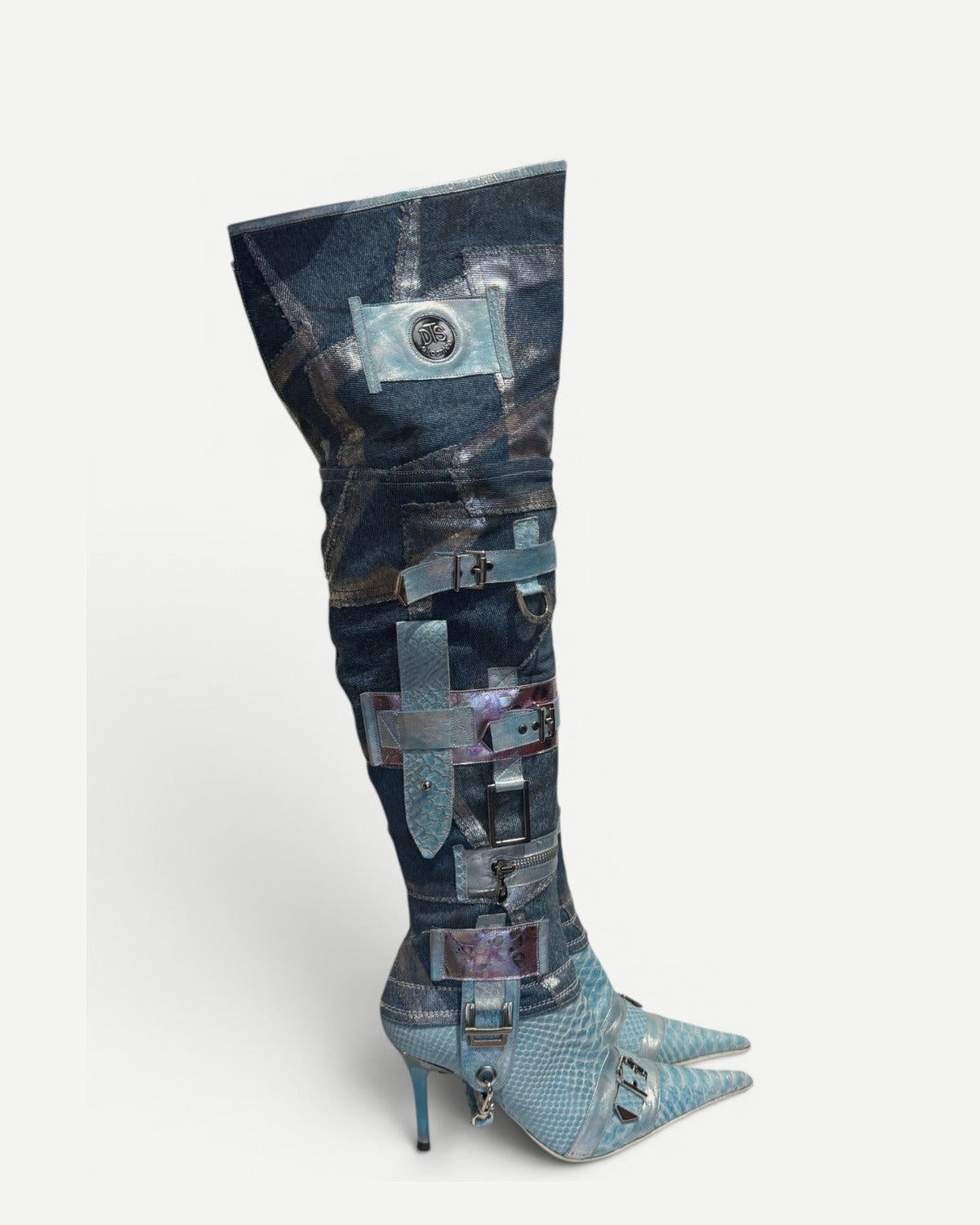 El Dantes 2000s Python Leather Metallic Denim Strapped Overknee Boots