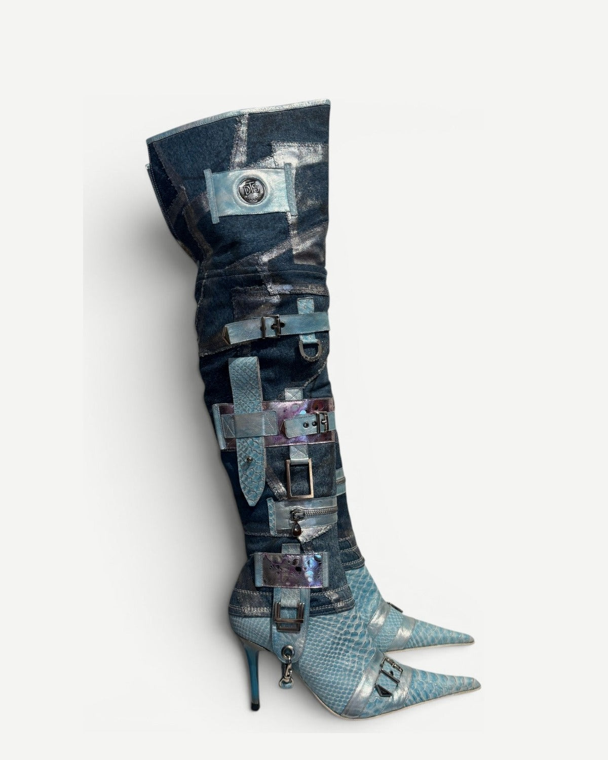 El Dantes 2000s Python Leather Metallic Denim Strapped Overknee Boots