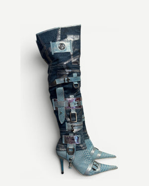 El Dantes 2000s Python Leather Metallic Denim Strapped Overknee Boots
