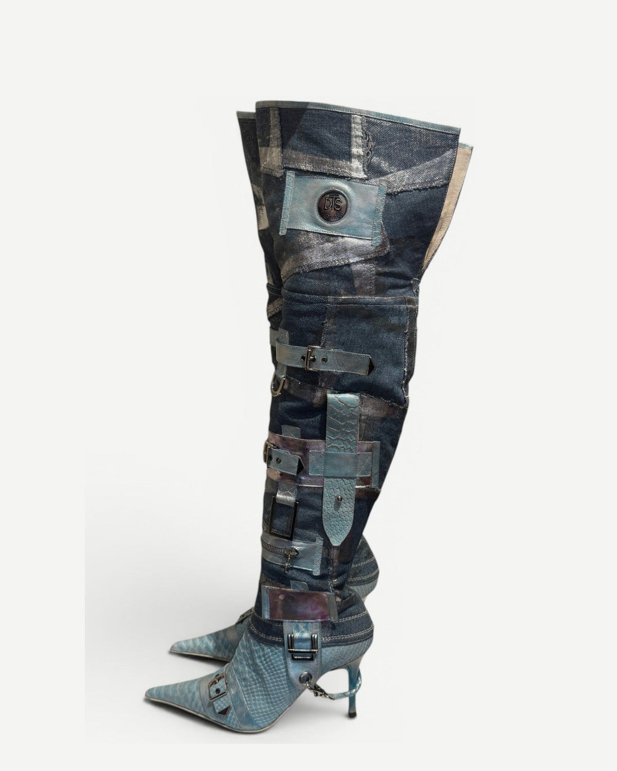 El Dantes 2000s Python Leather Metallic Denim Strapped Overknee Boots
