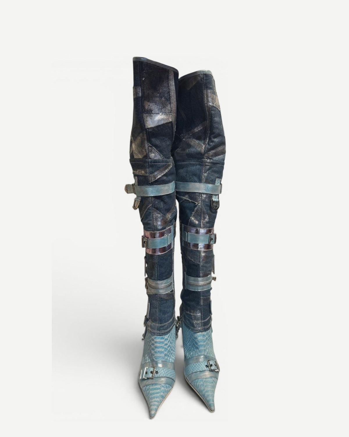 El Dantes 2000s Python Leather Metallic Denim Strapped Overknee Boots