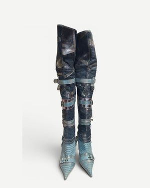 El Dantes 2000s Python Leather Metallic Denim Strapped Overknee Boots