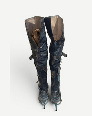 El Dantes 2000s Python Leather Metallic Denim Strapped Overknee Boots