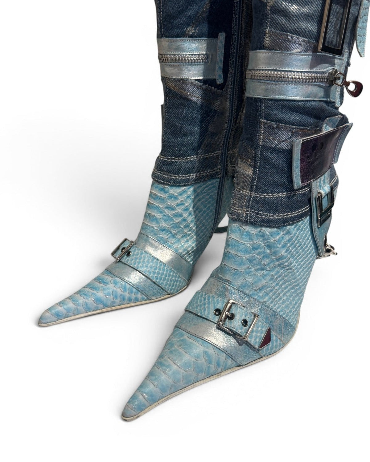 El Dantes 2000s Python Leather Metallic Denim Strapped Overknee Boots