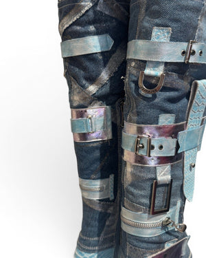 El Dantes 2000s Python Leather Metallic Denim Strapped Overknee Boots