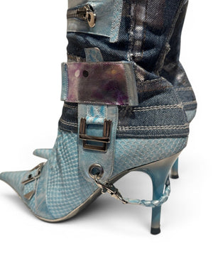 El Dantes 2000s Python Leather Metallic Denim Strapped Overknee Boots