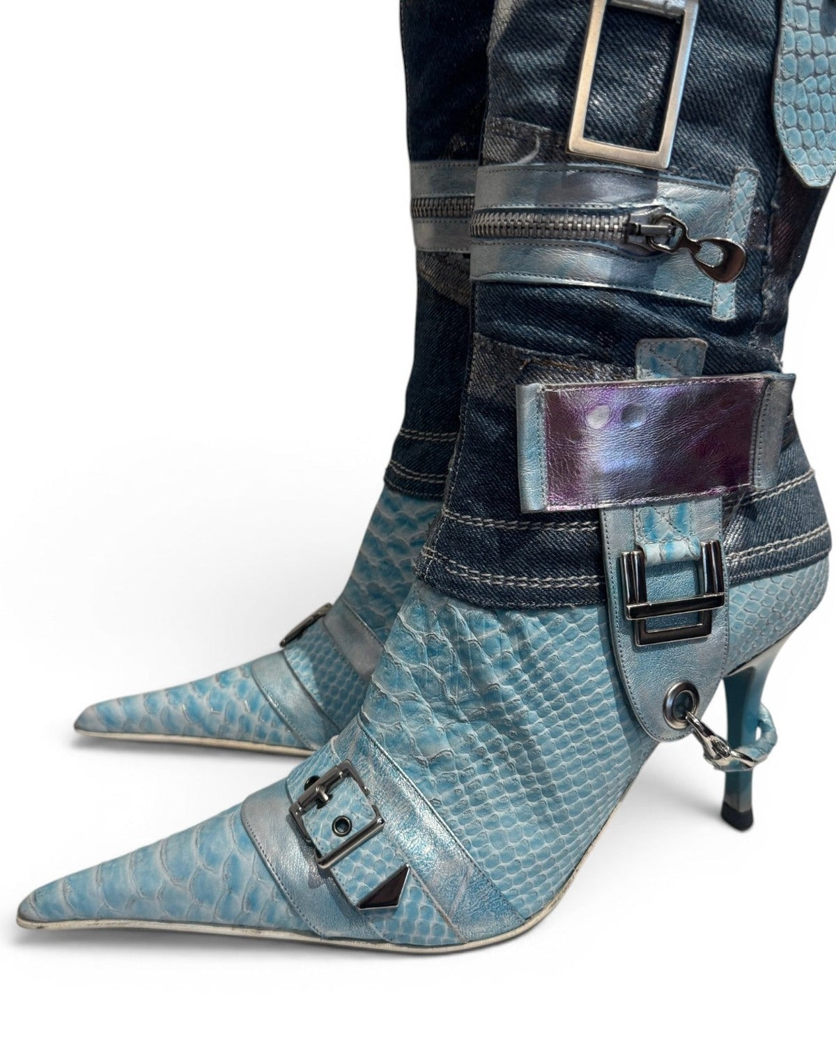 El Dantes 2000s Python Leather Metallic Denim Strapped Overknee Boots