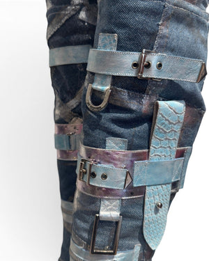 El Dantes 2000s Python Leather Metallic Denim Strapped Overknee Boots