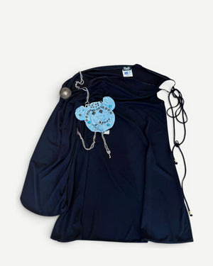 Dolce & Gabbana SS03 Runway Punk Denim Teddy Applique Chained Black Dress
