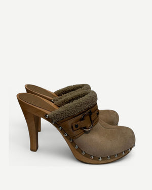Christian Dior 2000s by John Galliano Shearling Suede Heeled Clogs