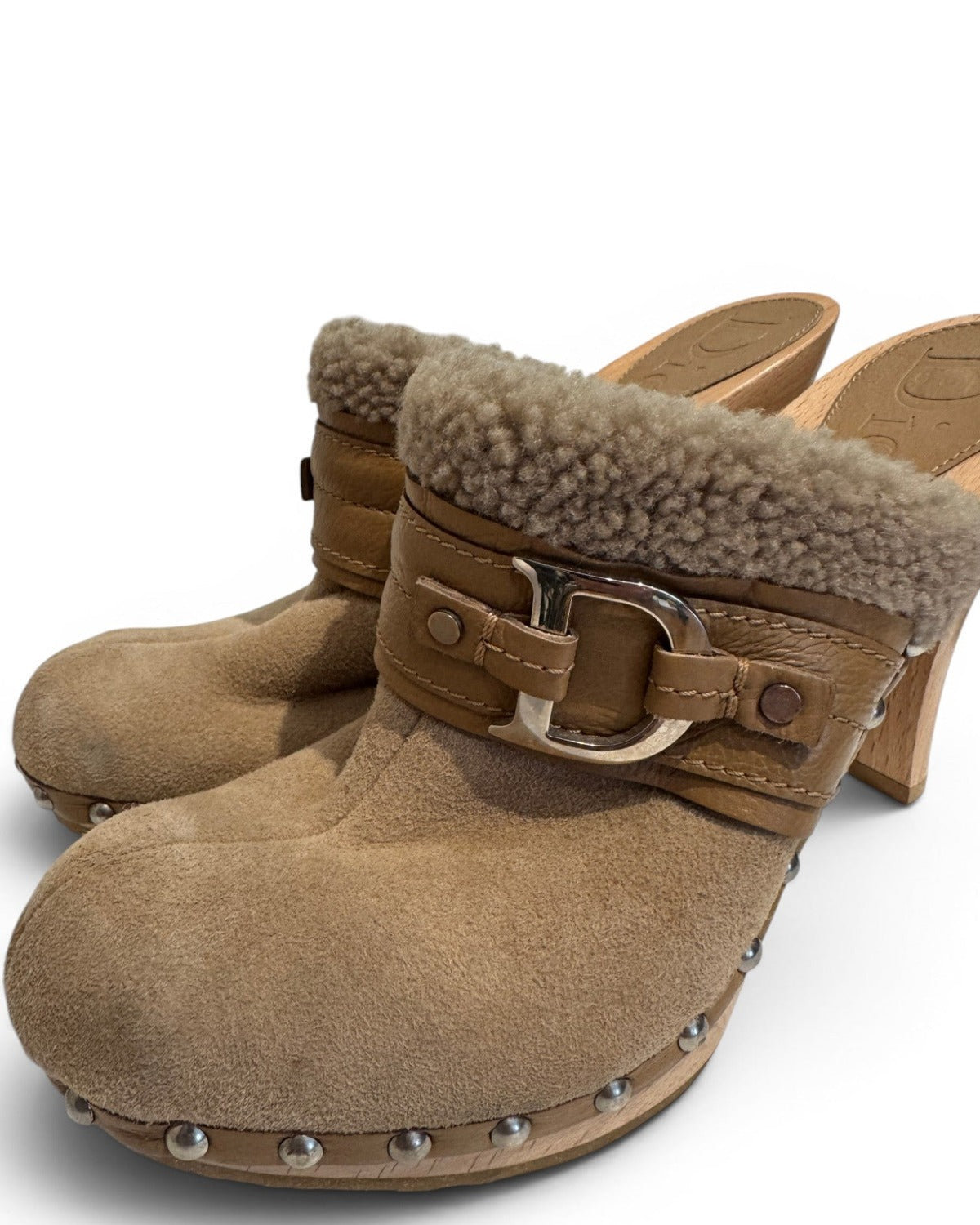 Christian Dior 2000s by John Galliano Shearling Suede Heeled Clogs