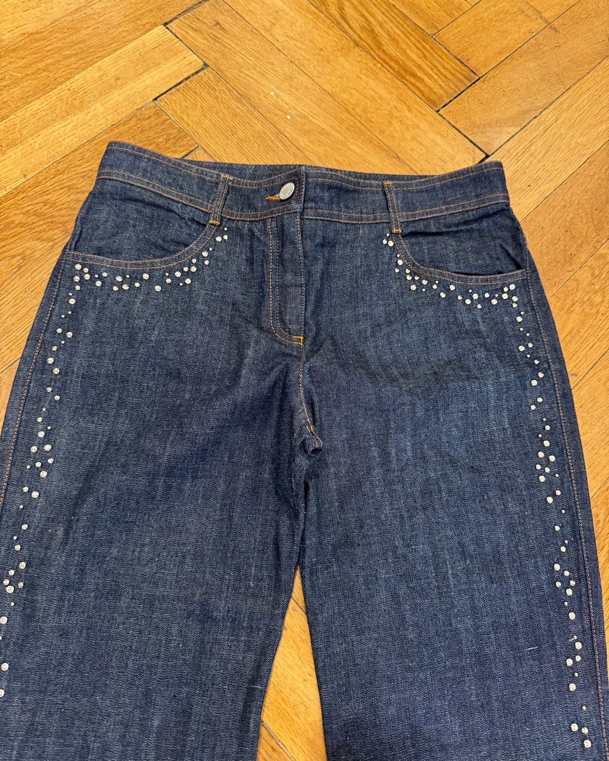 SS01 by Stella McCartney Rainbow Zipper Crystal Embellished Flared Raw Denim