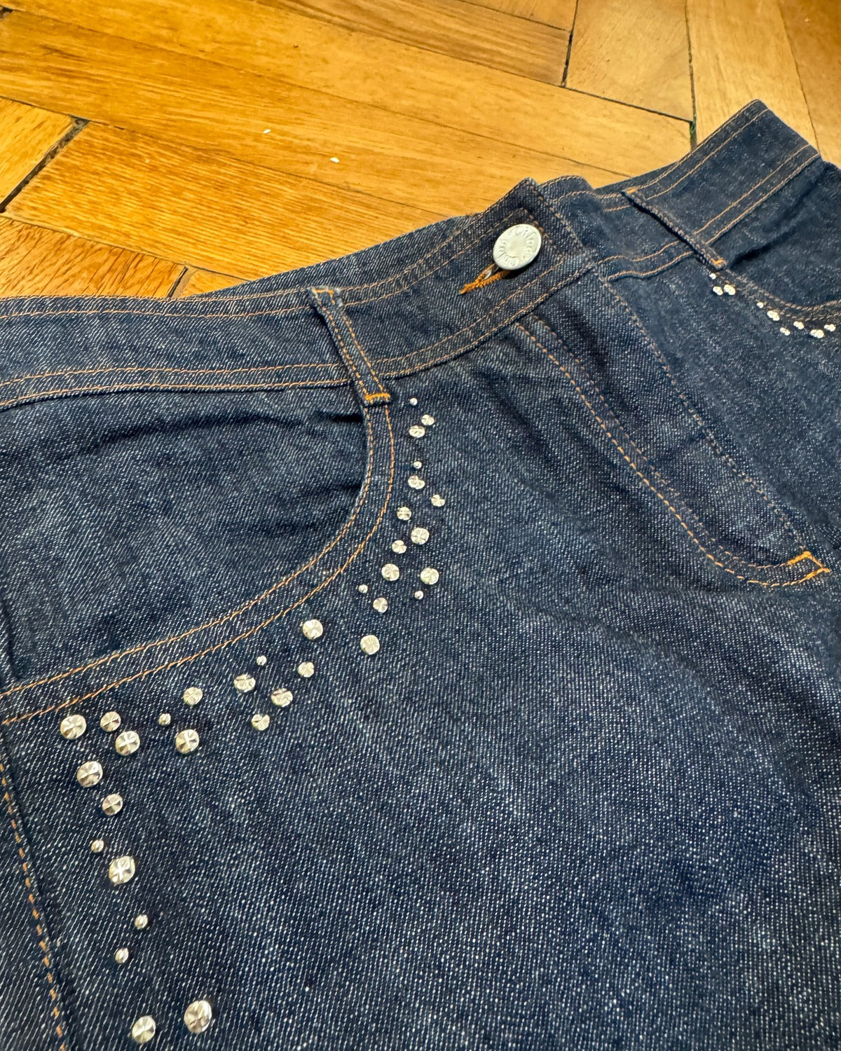 SS01 by Stella McCartney Rainbow Zipper Crystal Embellished Flared Raw Denim