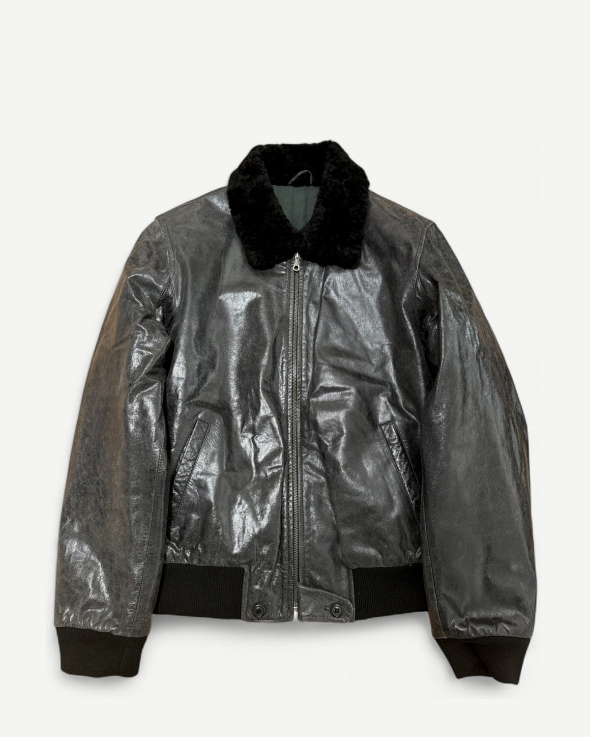 2000s Oiled Cracked Leather Shearling Collar Flight Jacket Sample