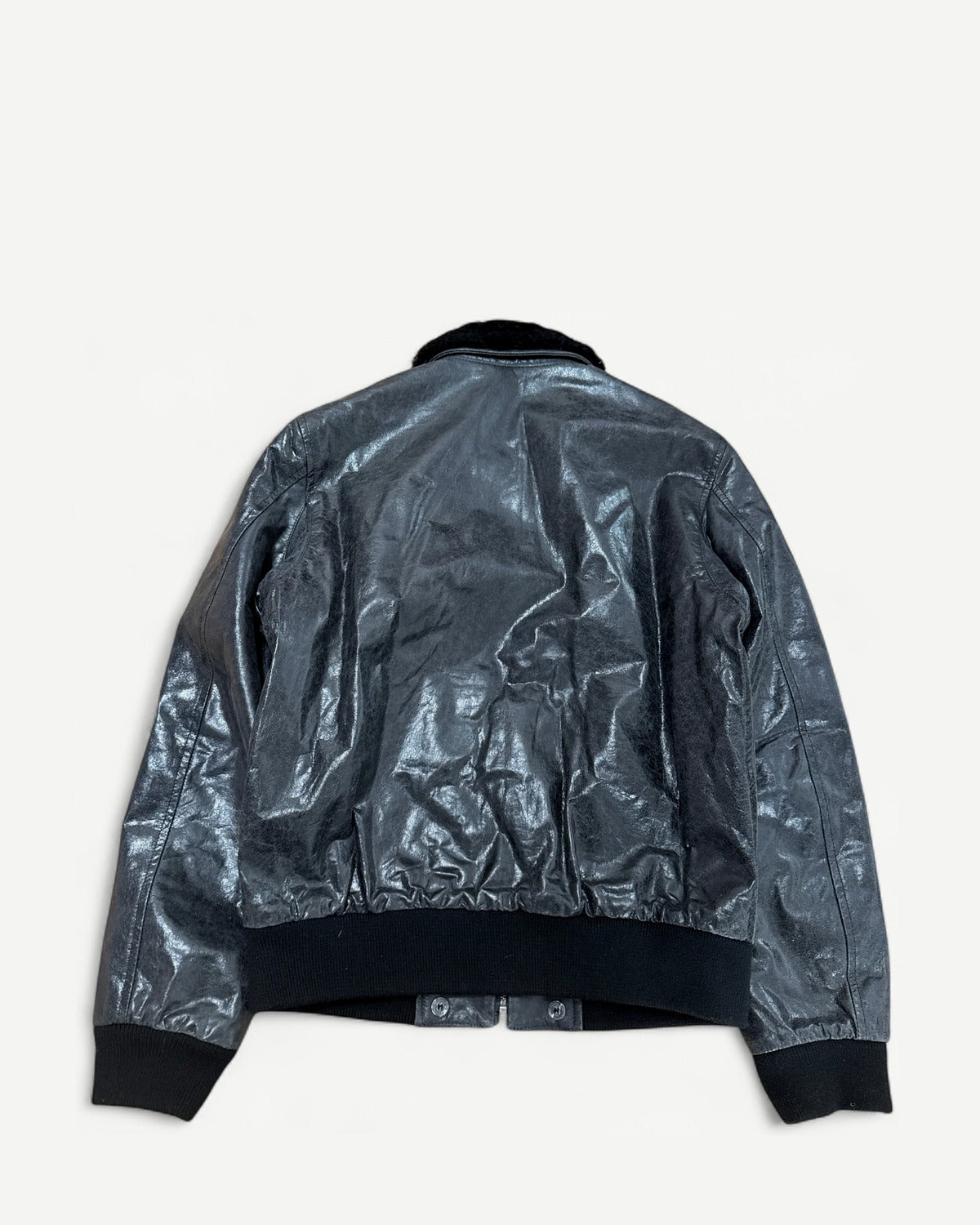 2000s Oiled Cracked Leather Shearling Collar Flight Jacket Sample