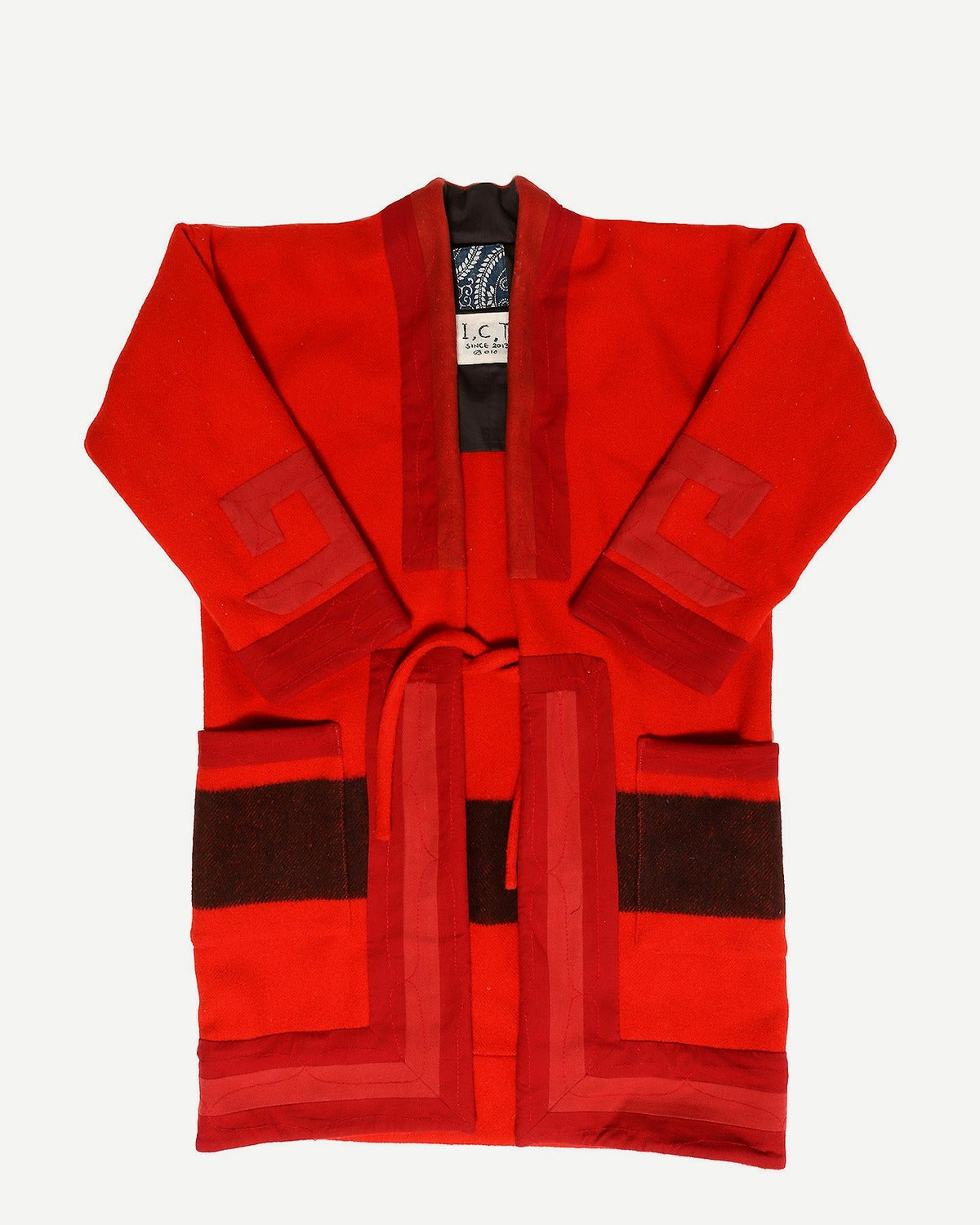 Visvim F.I.L. Indigo Camping Trailer Ruunpe Patchwork Red Kimono Wool Overcoat
