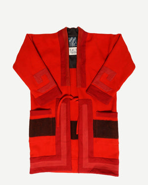 Visvim F.I.L. Indigo Camping Trailer Ruunpe Patchwork Red Kimono Wool Overcoat