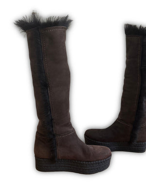 Prada 2000s Fur Lined Suede Knee Boots