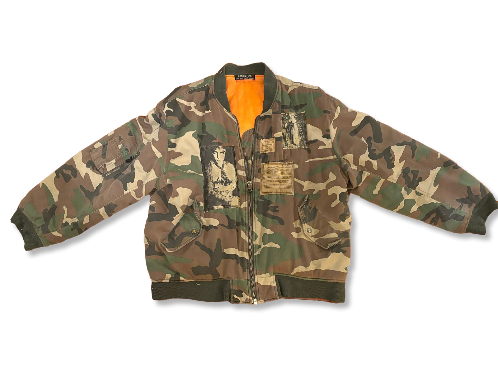 Raf Simons AW01 Riot, Riot, Riot Patch Camouflage Bomber Jacket