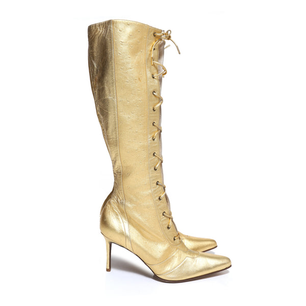 Christian Dior by John Galliano AW00 Gold Ostrich Leather Heel Boots