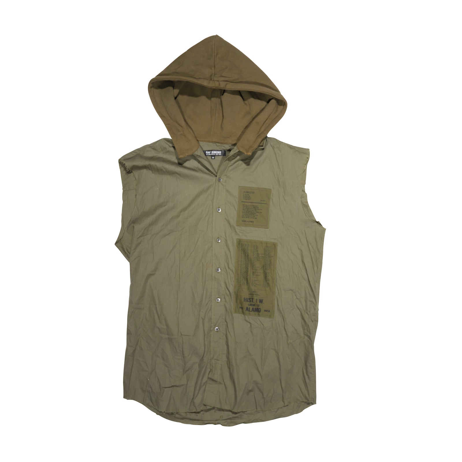 Raf Simons AW05 History Of My World Patched Alamo Sleeveless Hooded Shirt