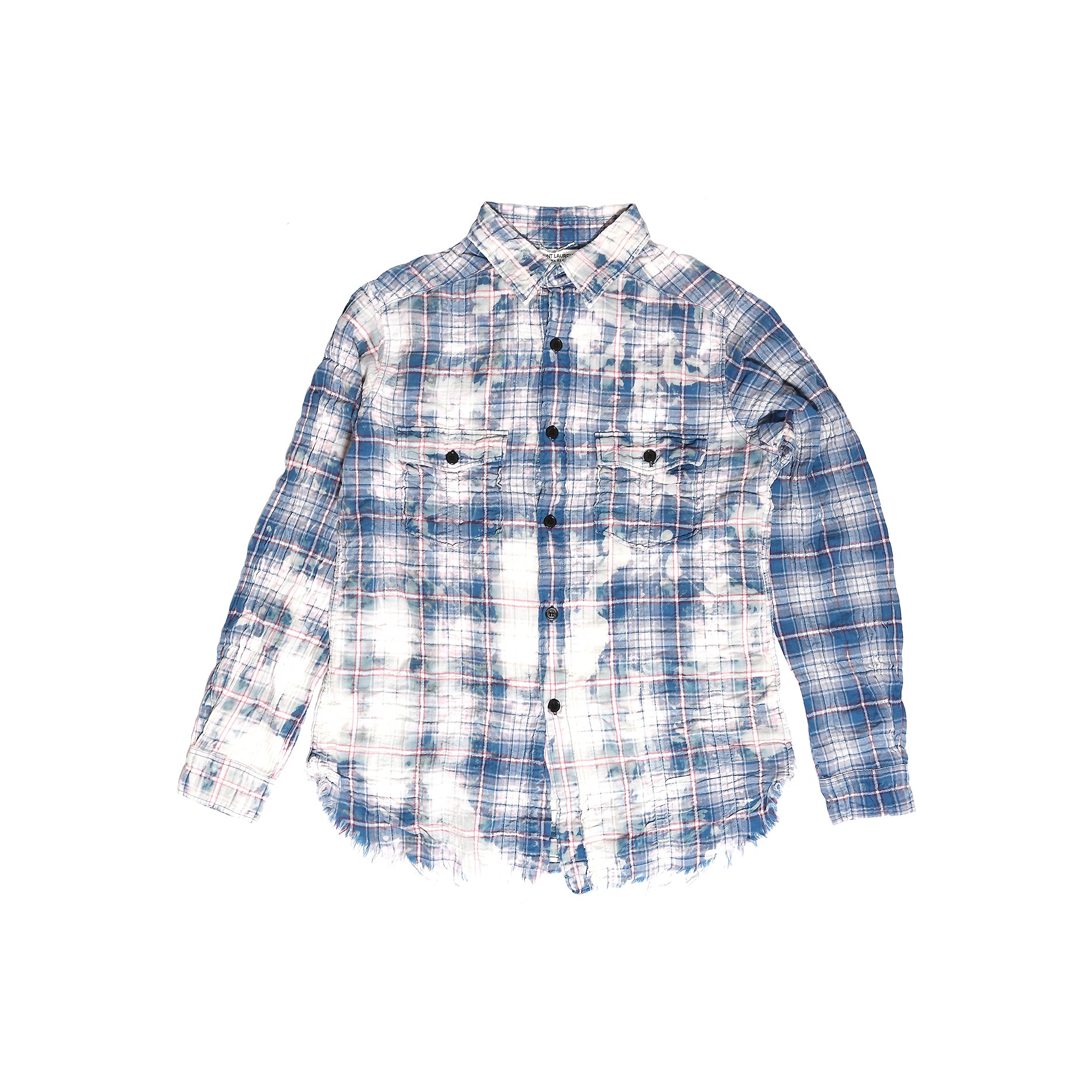 Saint Laurent SS16 チェック　半袖シャツ Saint Laurent SS16 Surf Sound Blue Bleached Raw Hem Flannel