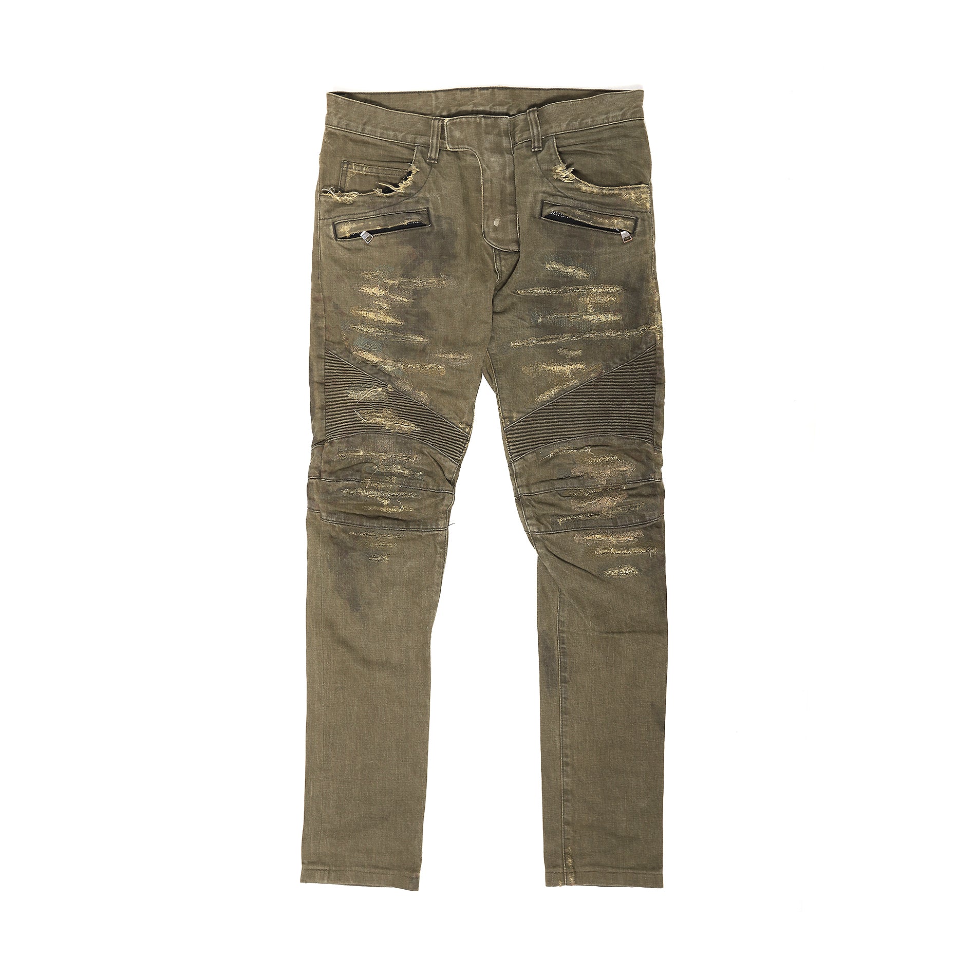 Balmain Distressed Olive Biker Jeans