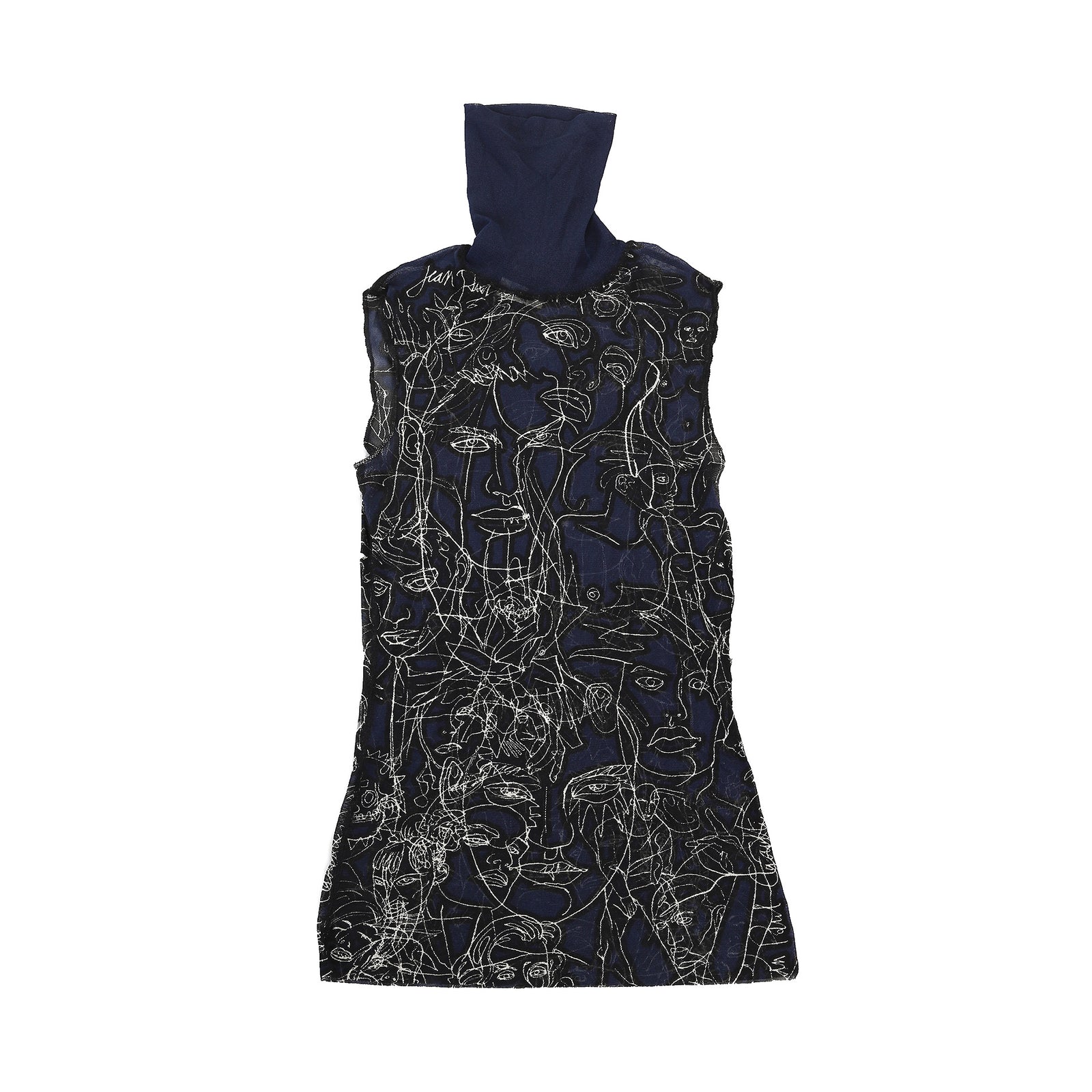 Jean Paul Gaultier 90s Face Sketch Sleeveless Mesh Turtleneck