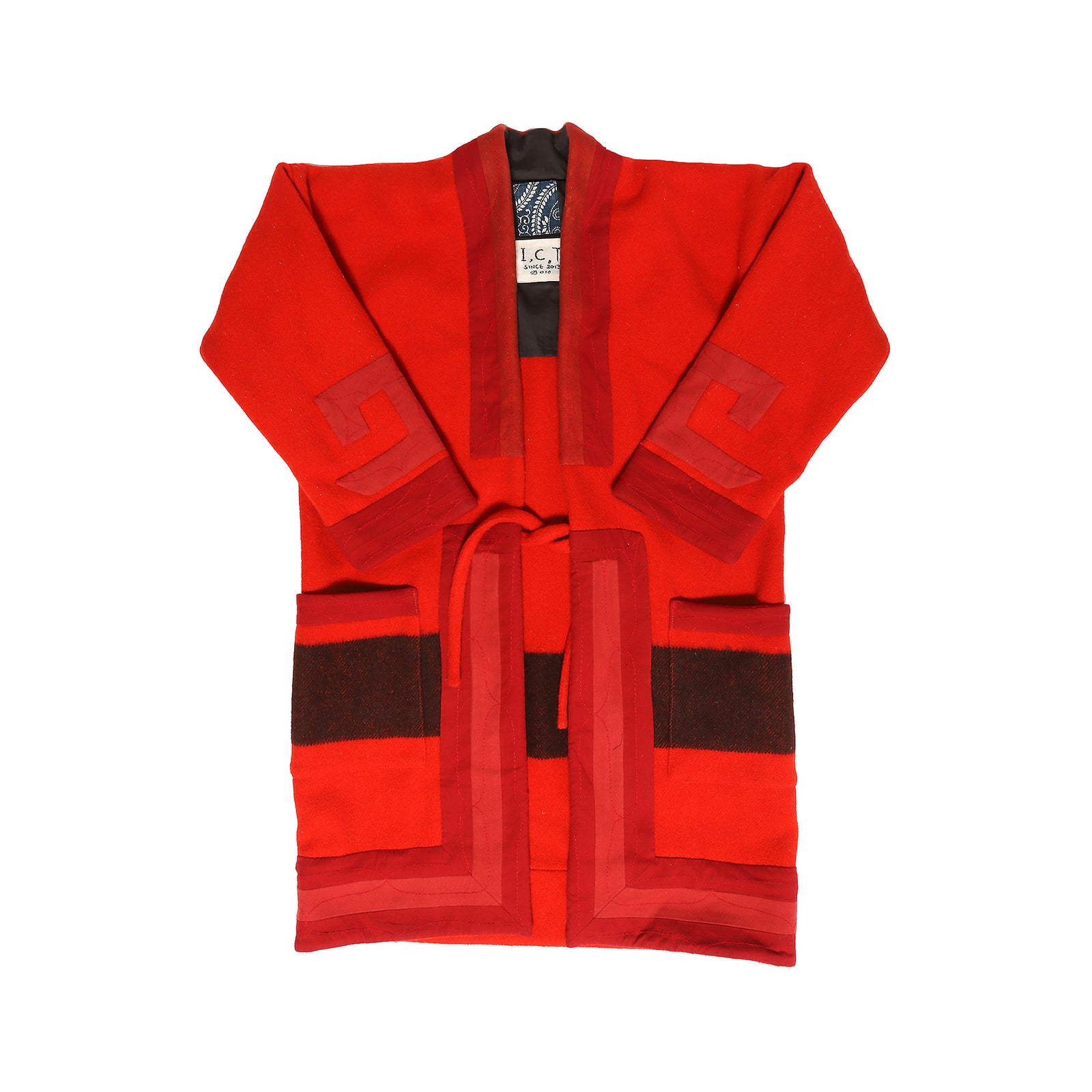 Visvim F.I.L. Indigo Camping Trailer Ruunpe Patchwork Red Kimono Wool Overcoat