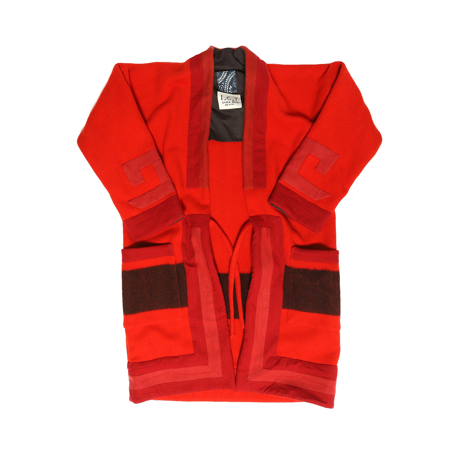 Visvim F.I.L. Indigo Camping Trailer Ruunpe Patchwork Red Kimono Wool Overcoat