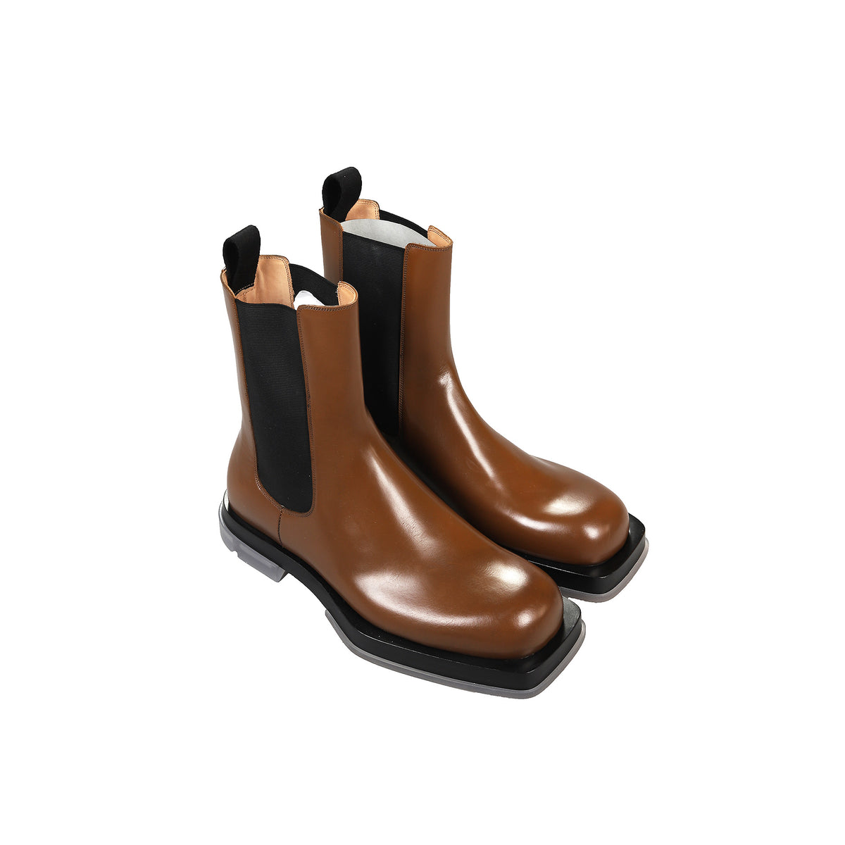 Bottega Veneta FW19 by Daniel Lee Brown Square Toe Transparent Sole Chelsea Boots