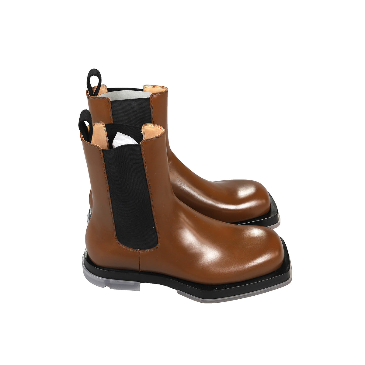 Bottega Veneta FW19 by Daniel Lee Brown Square Toe Transparent Sole Chelsea Boots